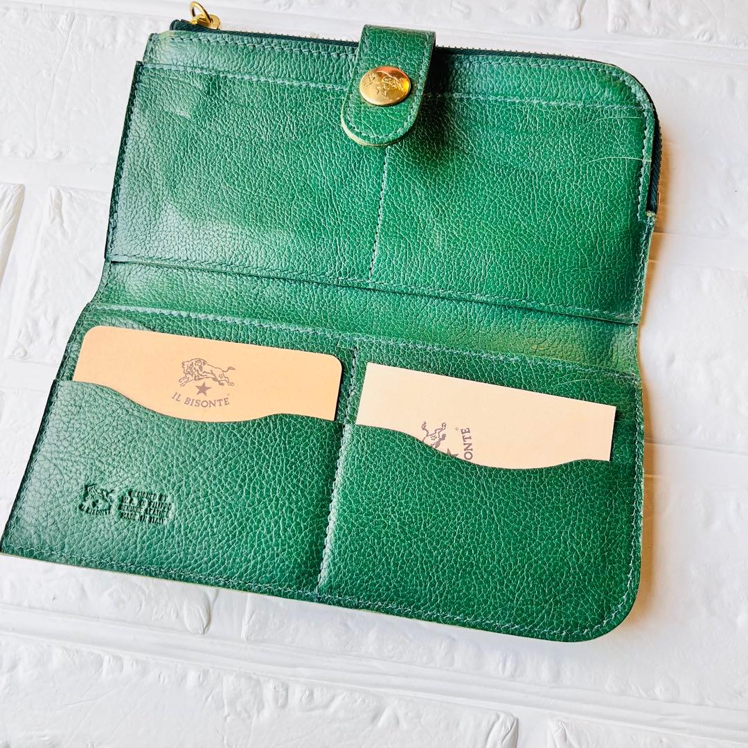 【新品タグ付き】IL BISONTE 長財布 グリーン ファスナー 巾着