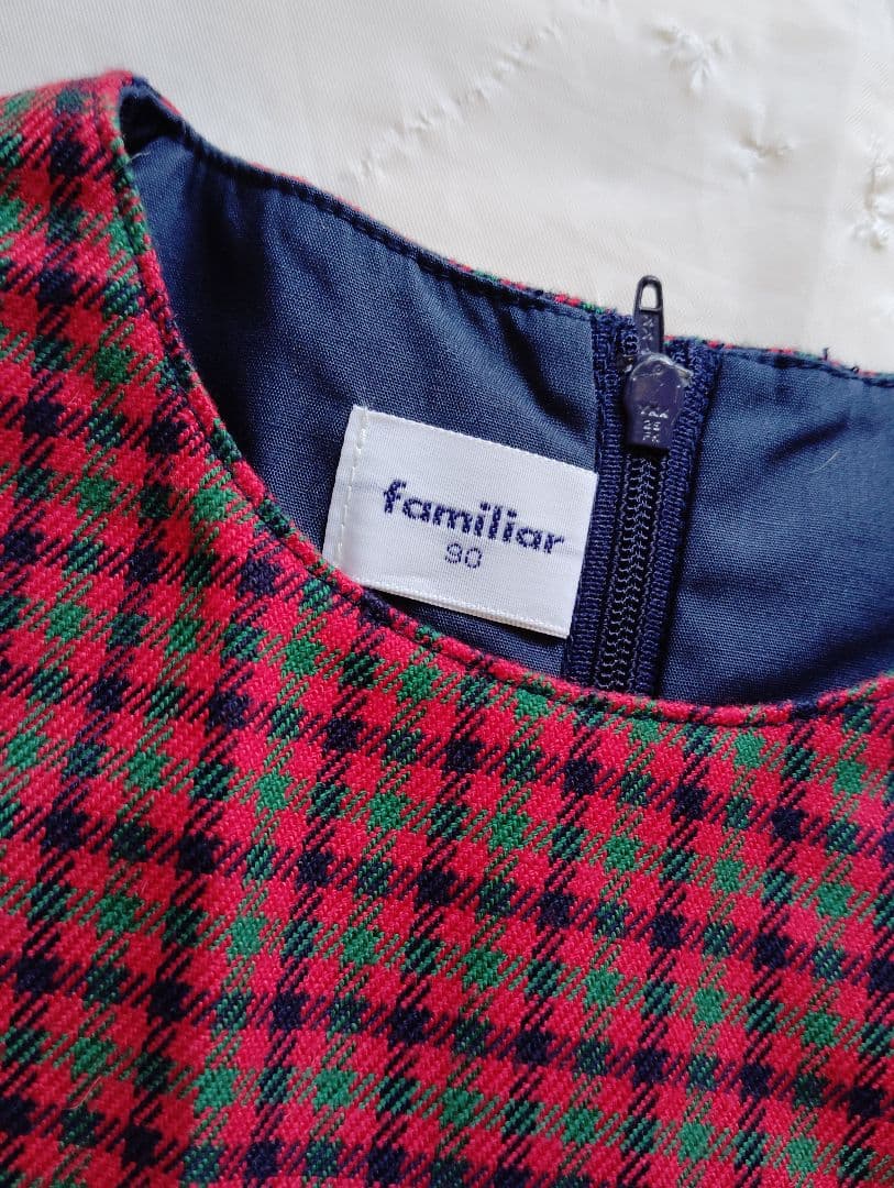 【美品】familiar　赤チェック　ジャンパースカート90cm