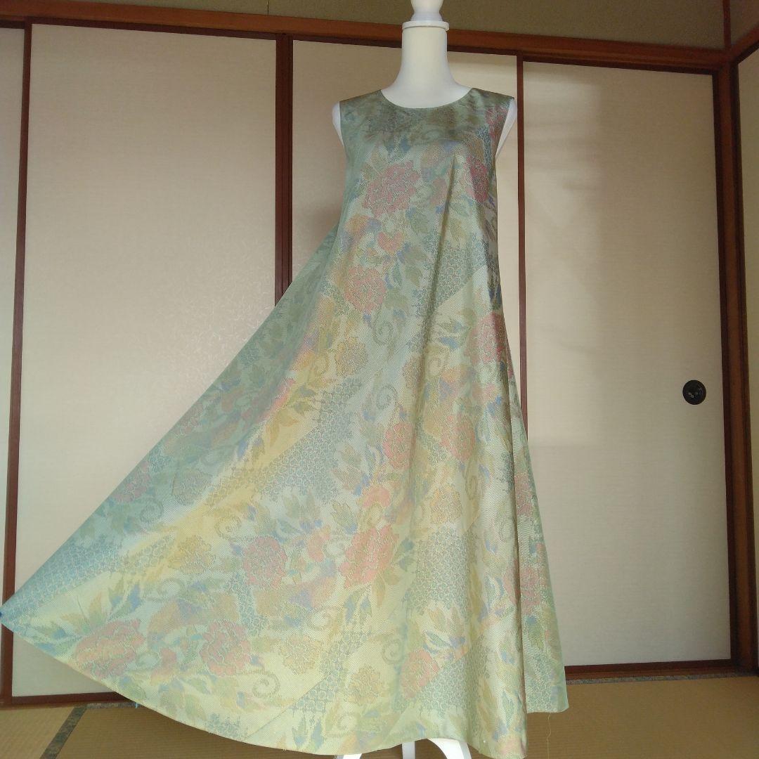 白大島紬解き生地からバイアス仕立てロングワンピースM寸