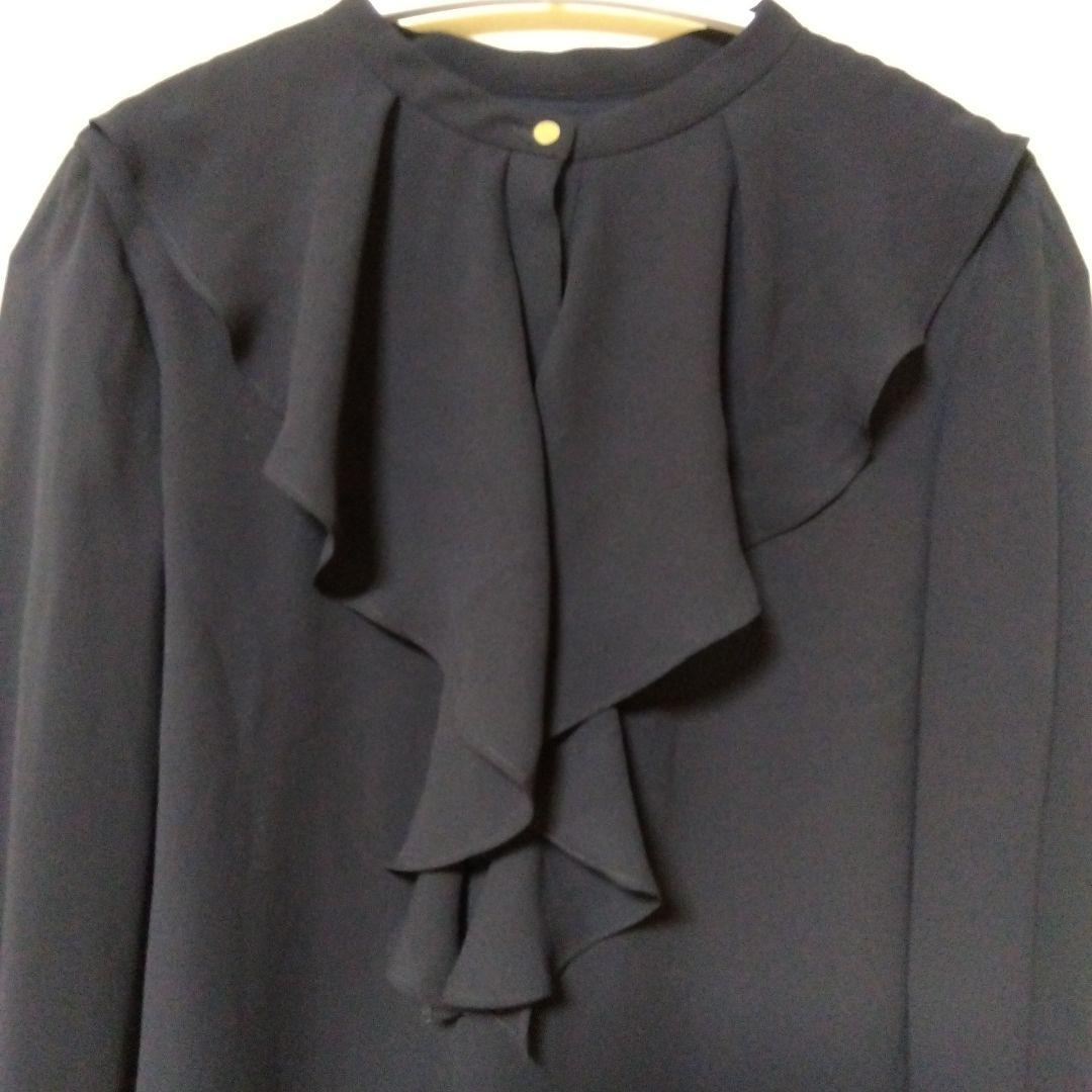 【新品】23区【洗える】ジョーゼットフリル 長袖ブラウス38ネイビー