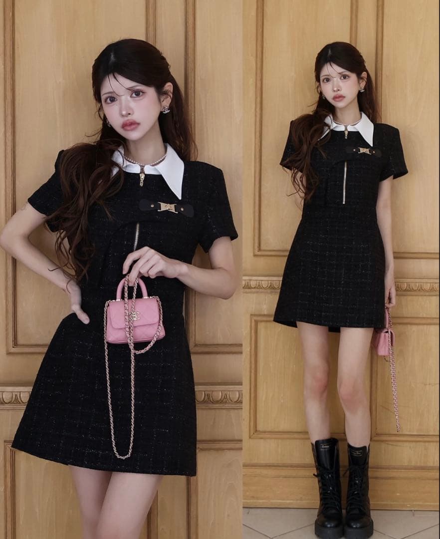 m*♡様 【Randy】ブラックツイードミニワンピース 半袖