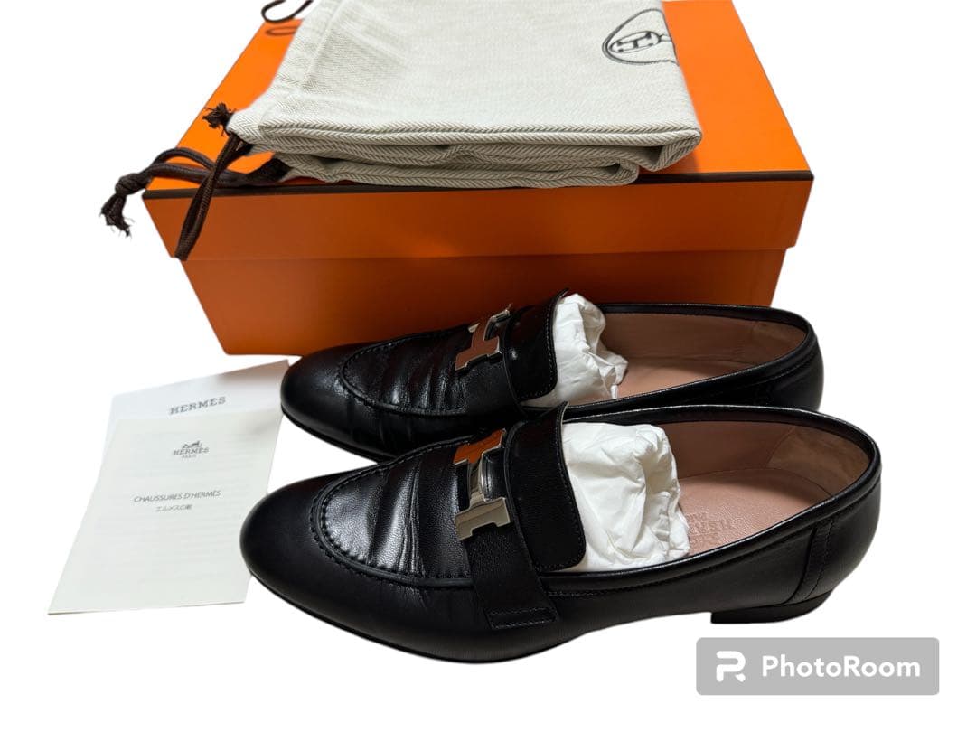 37.5 エルメス　 革靴　ローファー モカシンパリ　黒　ノアール