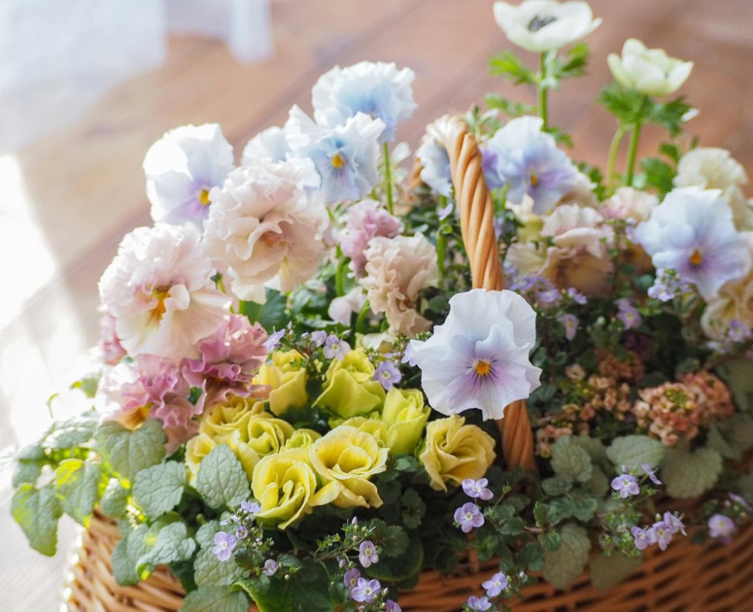 オーバルバスケットのパステルカラー寄せ植え