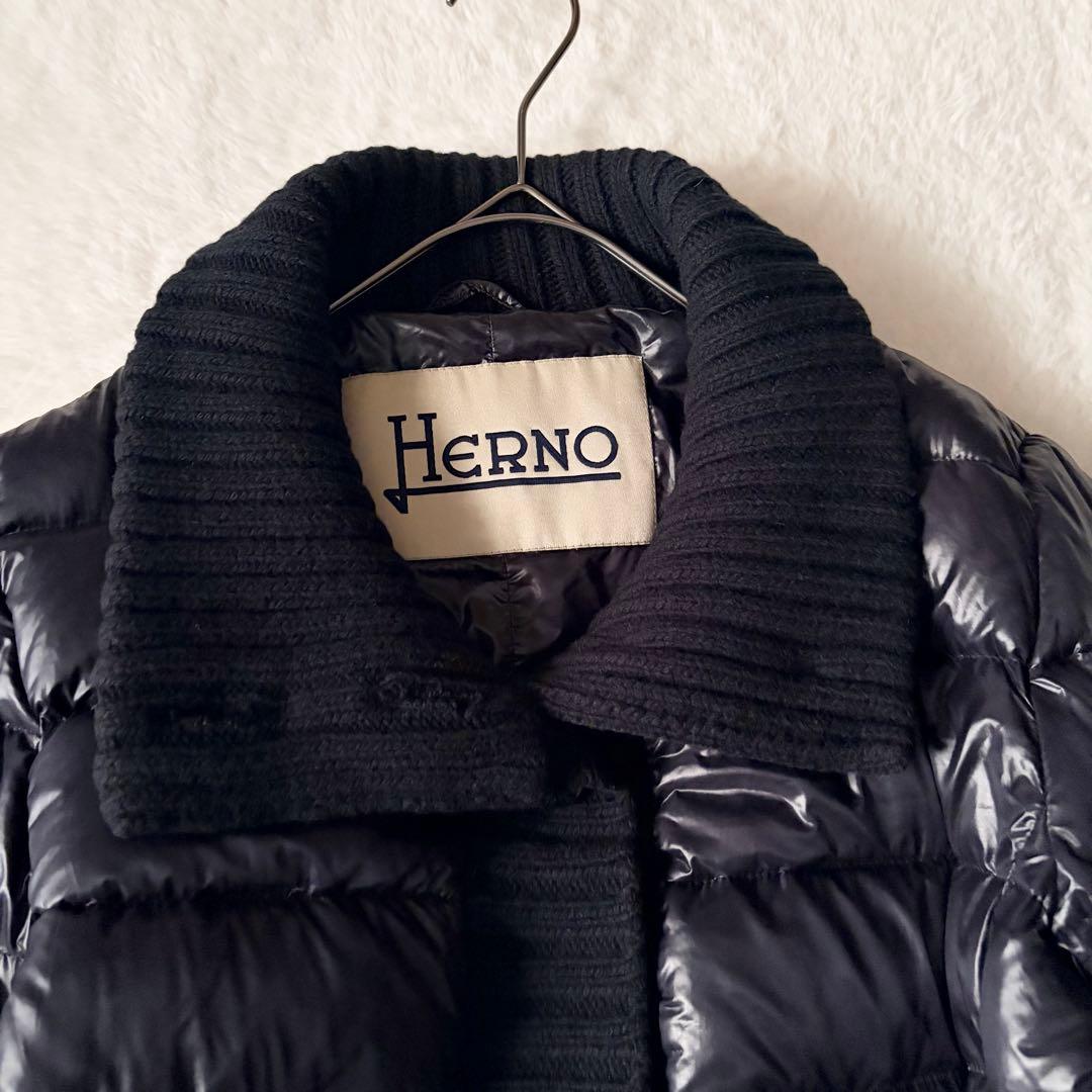 6219 美品✨ ヘルノ ハイネックリブダウンコート 44 ブラック 異素材切替