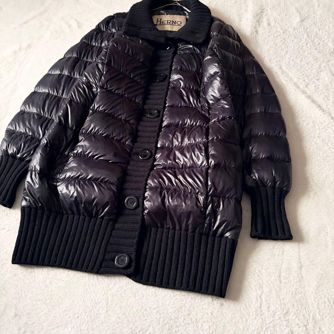 6219 美品✨ ヘルノ ハイネックリブダウンコート 44 ブラック 異素材切替