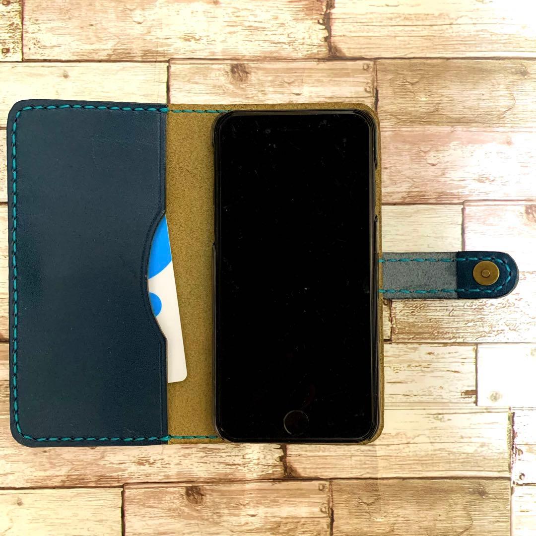 栃木レザー　オリーブ　グリーン　ネイビー　iPhoneケース　手帳型　本革