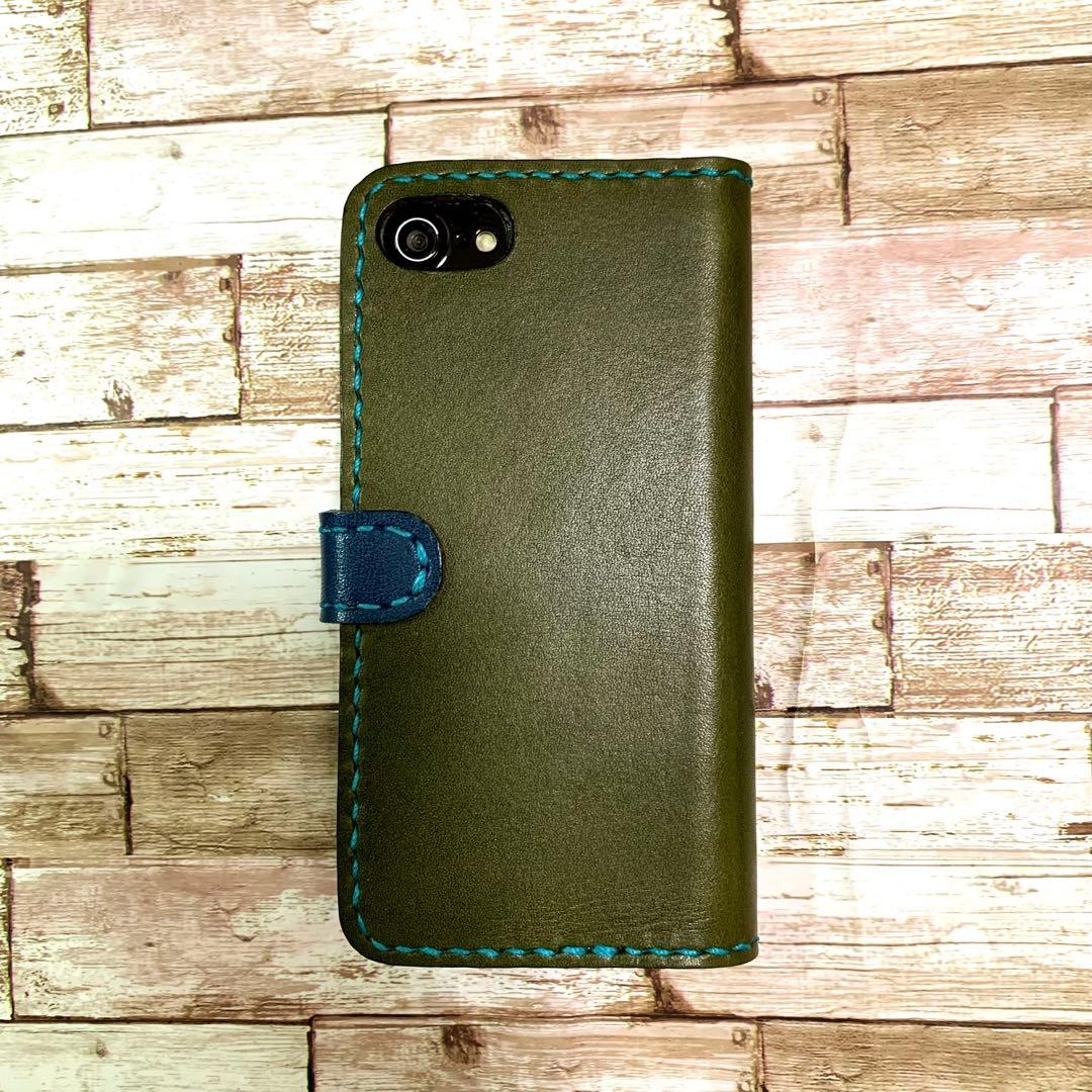 栃木レザー　オリーブ　グリーン　ネイビー　iPhoneケース　手帳型　本革