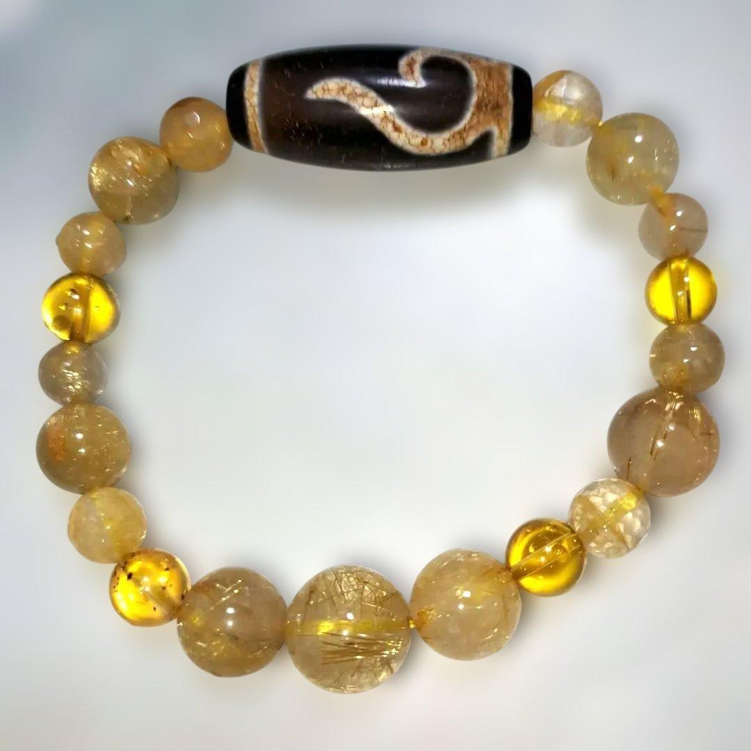 最高品質如意天珠.老玉髄.ルチルクォーツ天珠ブレスレット.朱砂入り天珠