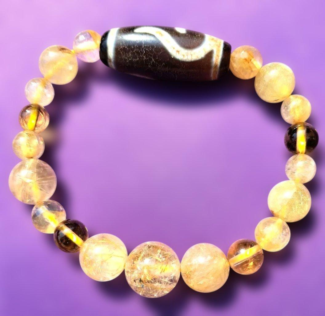 最高品質如意天珠.老玉髄.ルチルクォーツ天珠ブレスレット.朱砂入り天珠