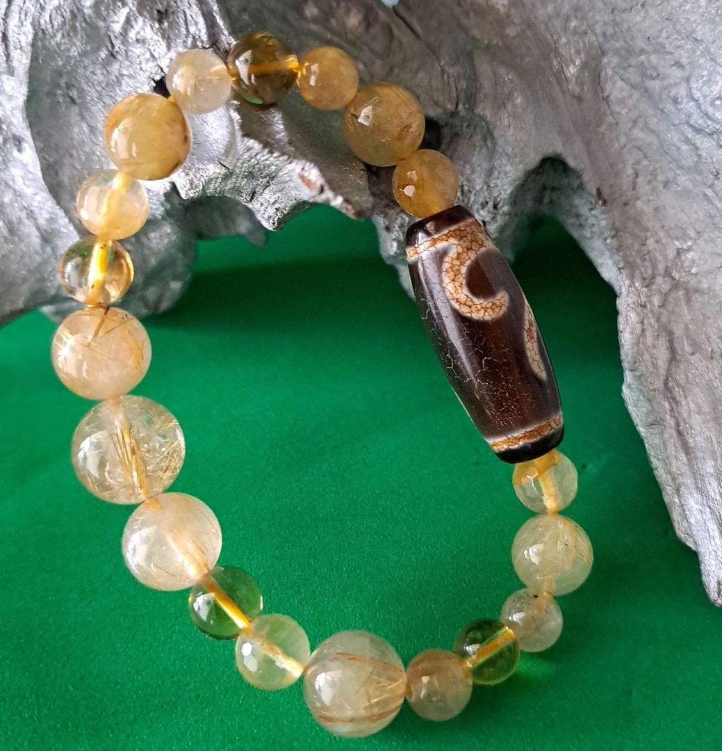 最高品質如意天珠.老玉髄.ルチルクォーツ天珠ブレスレット.朱砂入り天珠