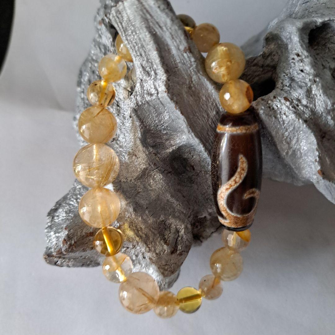 最高品質如意天珠.老玉髄.ルチルクォーツ天珠ブレスレット.朱砂入り天珠