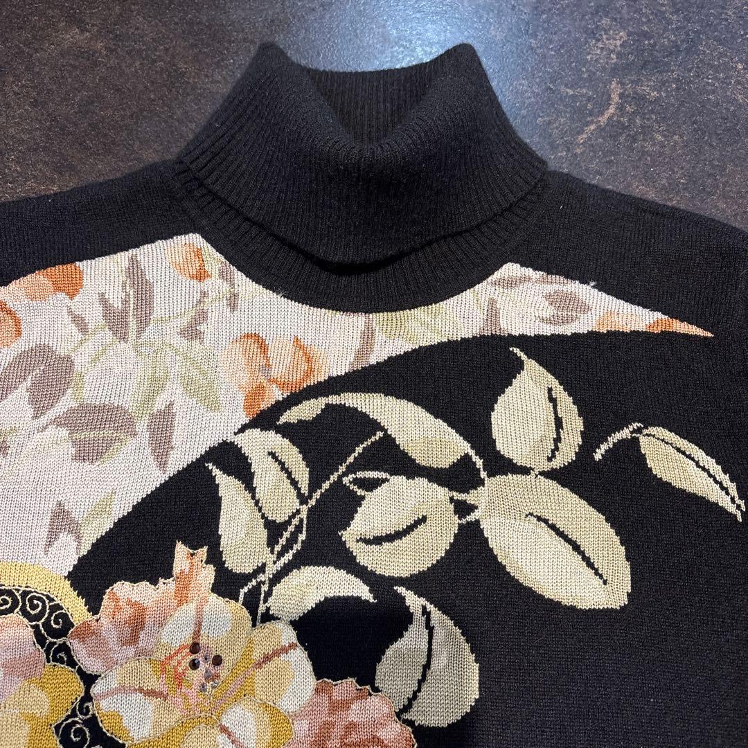 レオナール花柄タートルネック半袖ニット　カシミア　Lサイズ