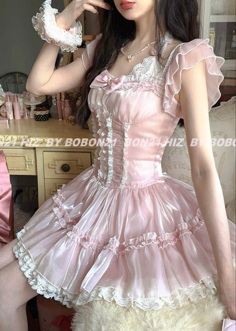 スクエア襟マーメイドワンピース ピンク