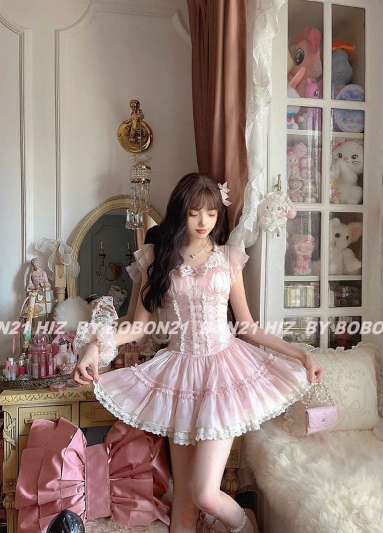 スクエア襟マーメイドワンピース ピンク