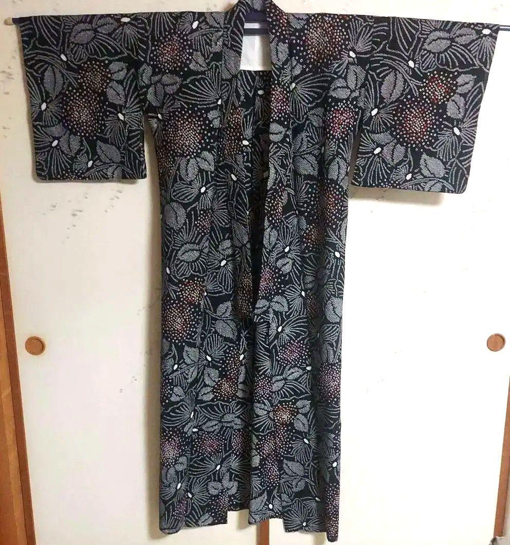 最終価格!!有松絞り浴衣　花火　紫陽花　蝶々　黒地　トールサイズ