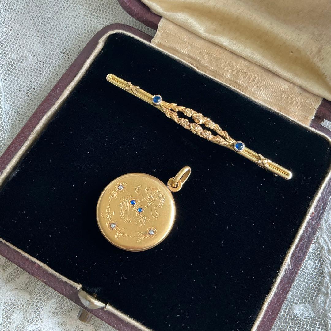 フランスアンティーク　ペンダントトップ＆ブローチ　ゴールドプレート　ビジュー