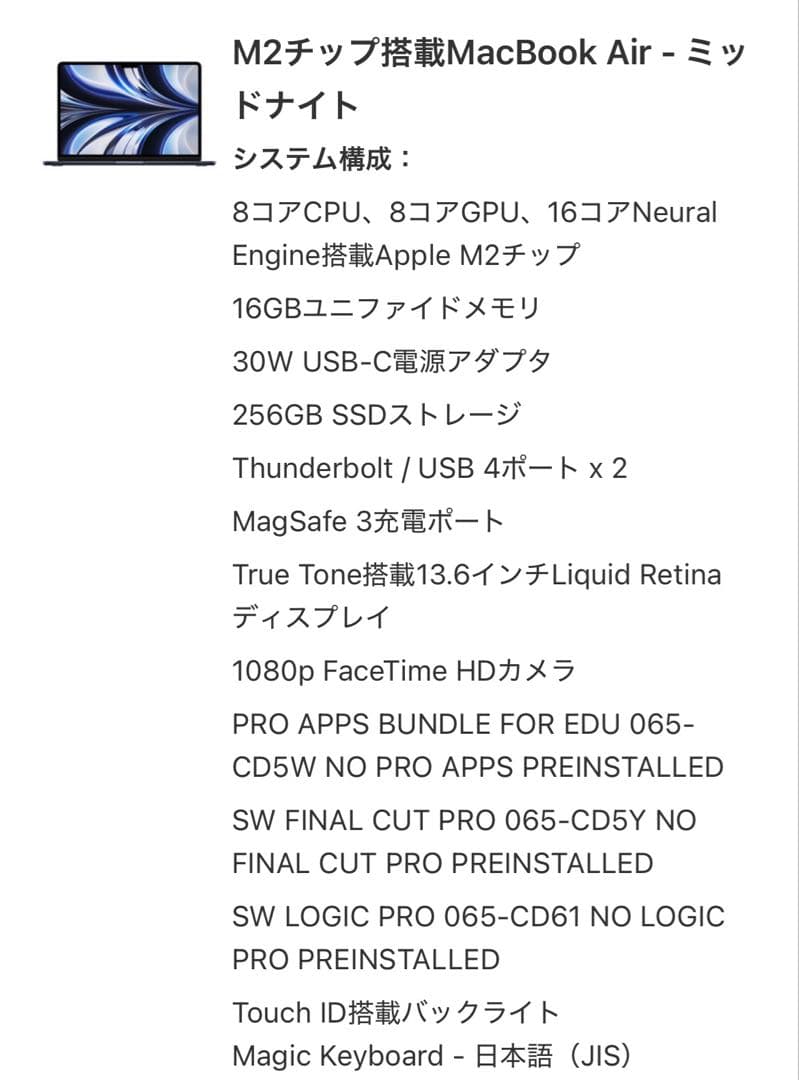 MacBook Air M2 2022 16GB 256GB 最大容量97%
