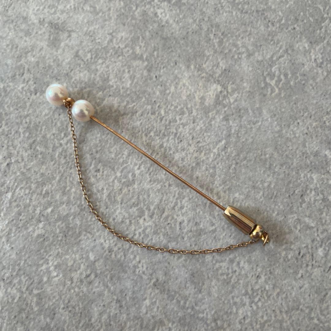 美品 MIKIMOTO ミキモト K14 パール2珠 ピンブローチ