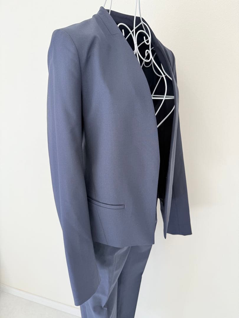 【美品】theoryセオリー/ネイビー ノーカラー パンツスーツ セットアップ