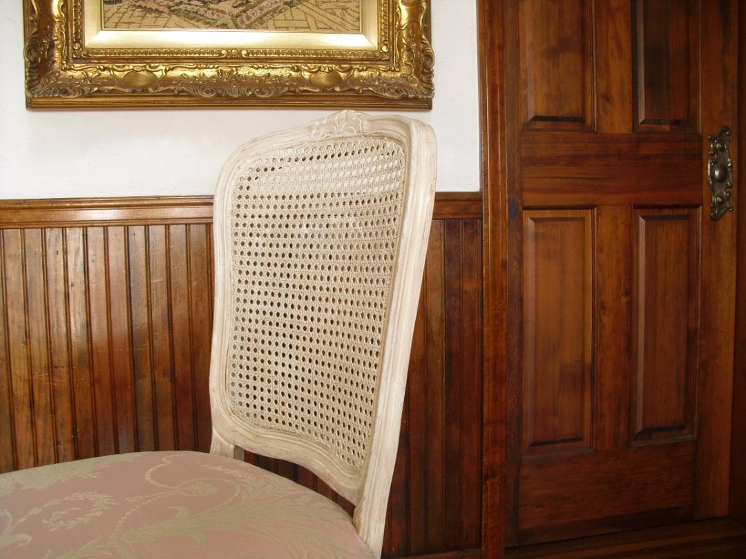 イタリア製 木製チェア☆背もたれメッシュ 木彫 草花ピンクファブリック張替済