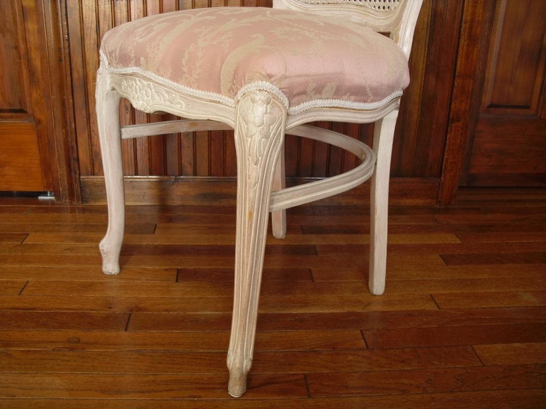 イタリア製 木製チェア☆背もたれメッシュ 木彫 草花ピンクファブリック張替済