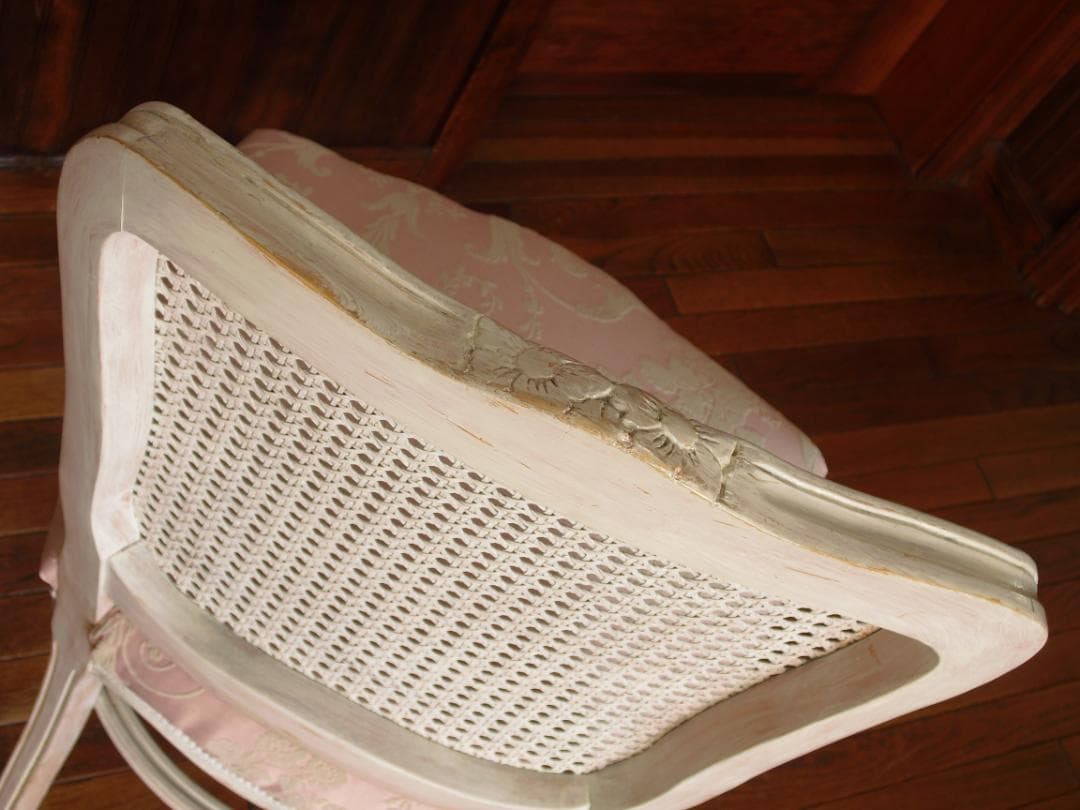 イタリア製 木製チェア☆背もたれメッシュ 木彫 草花ピンクファブリック張替済