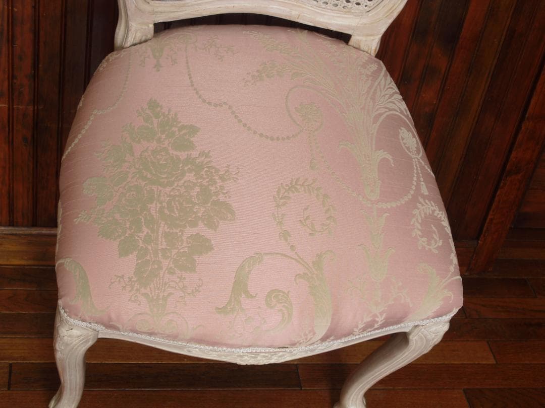 イタリア製 木製チェア☆背もたれメッシュ 木彫 草花ピンクファブリック張替済