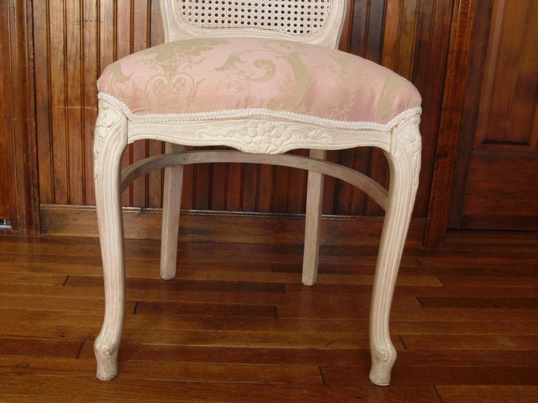 イタリア製 木製チェア☆背もたれメッシュ 木彫 草花ピンクファブリック張替済