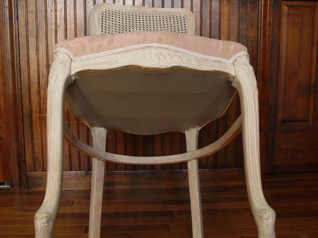 イタリア製 木製チェア☆背もたれメッシュ 木彫 草花ピンクファブリック張替済