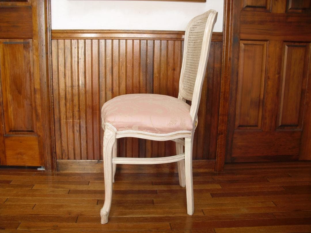 イタリア製 木製チェア☆背もたれメッシュ 木彫 草花ピンクファブリック張替済