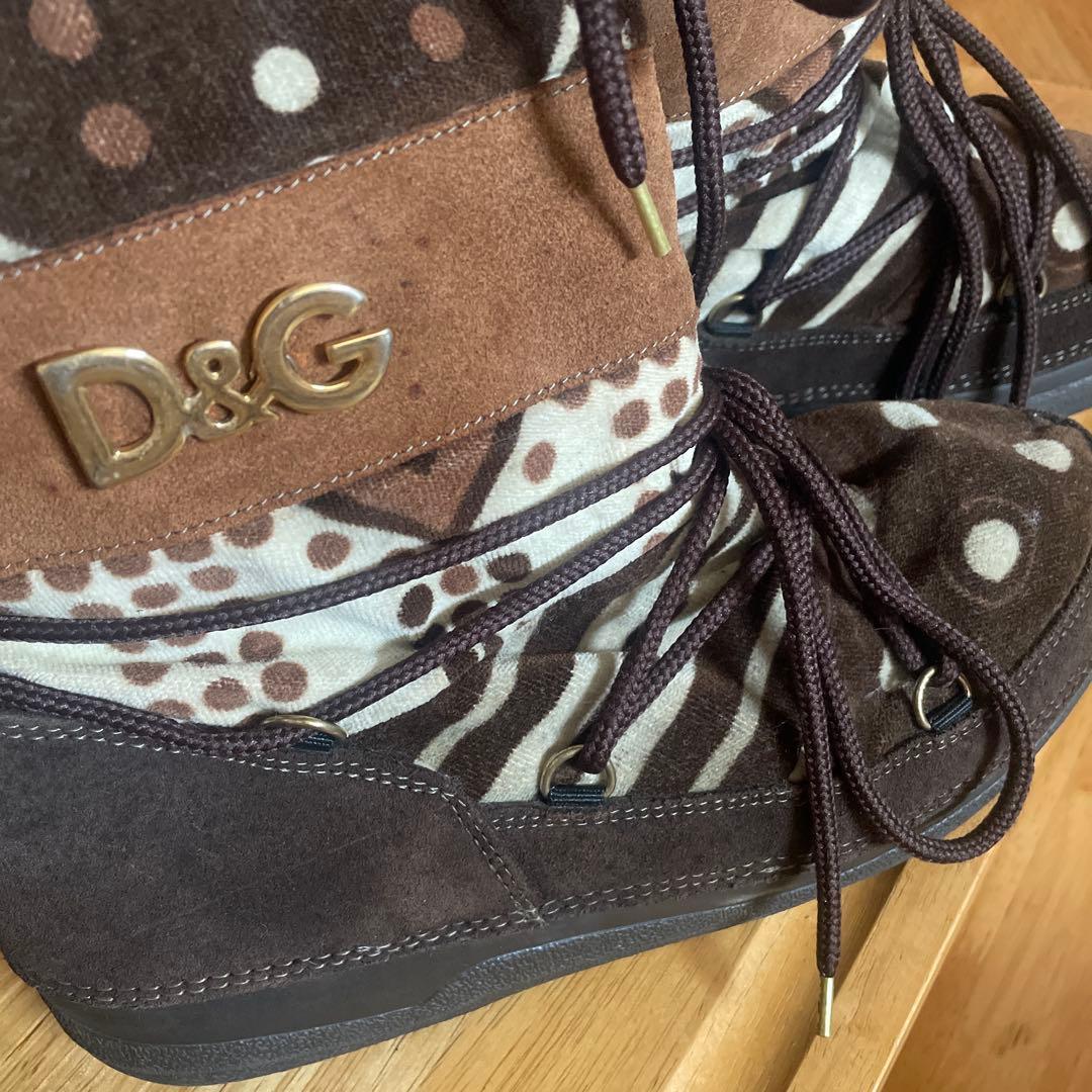 D&G ムートン ブーツ ブラウン ポルカドット ドルガバ ショート 24.5
