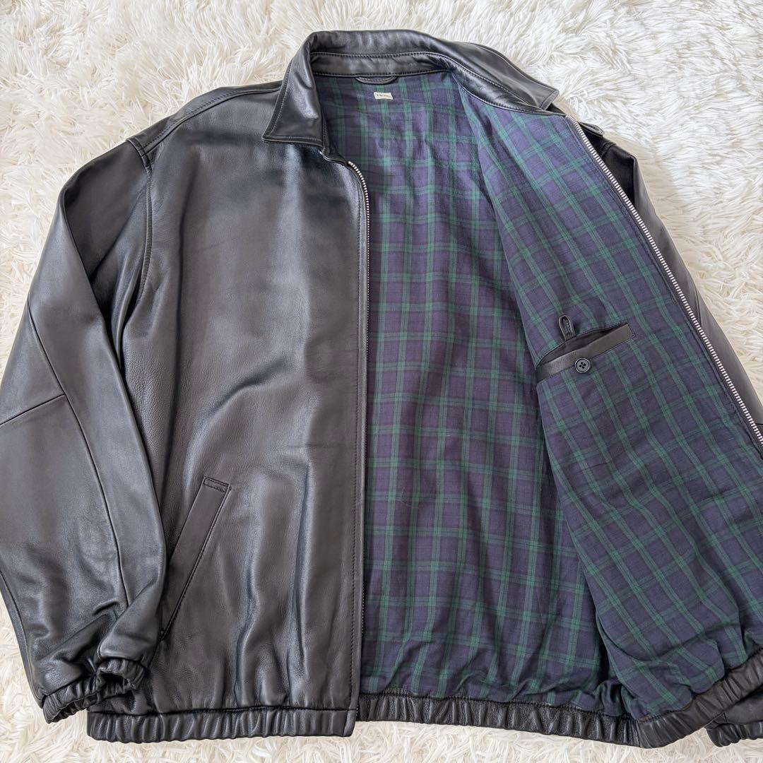【美品】SHIPS XL レザージャケット シングル 襟付 裏地チェック 黒