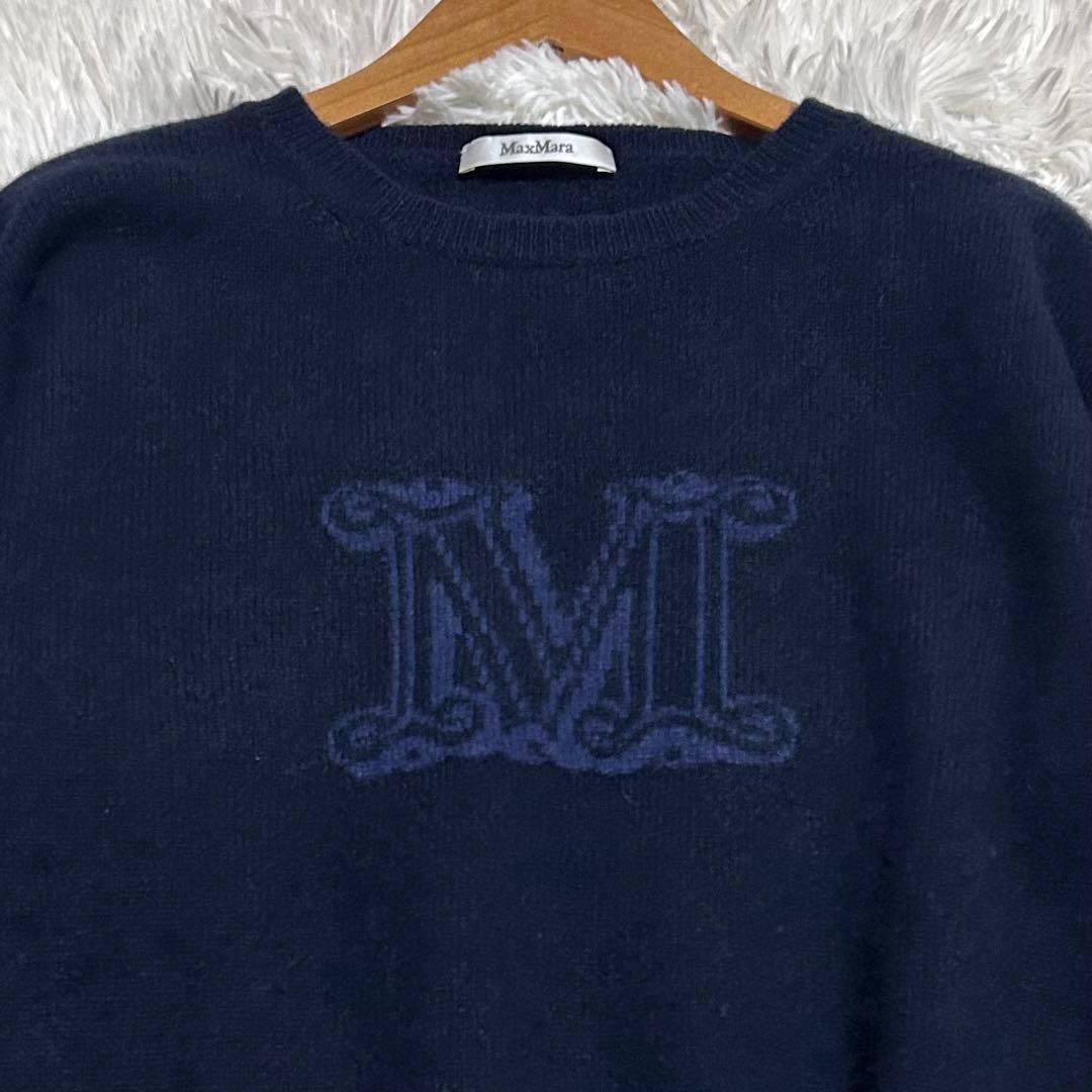 【美品】MaxMara カシミヤ100%　Mロゴ　ニット　セーター　ネイビー　L