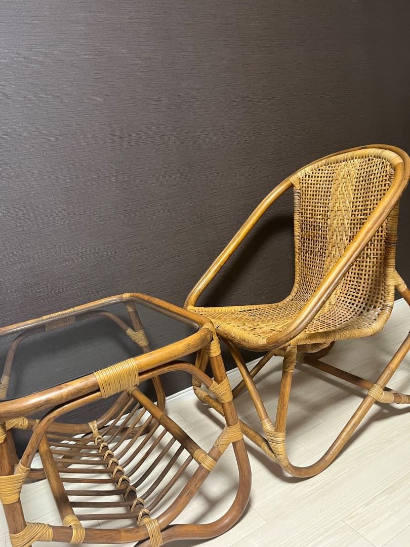 古家具ナチュラル天然素材　ラタンフレーム　ラタンチェア　椅子　アームチェア　２