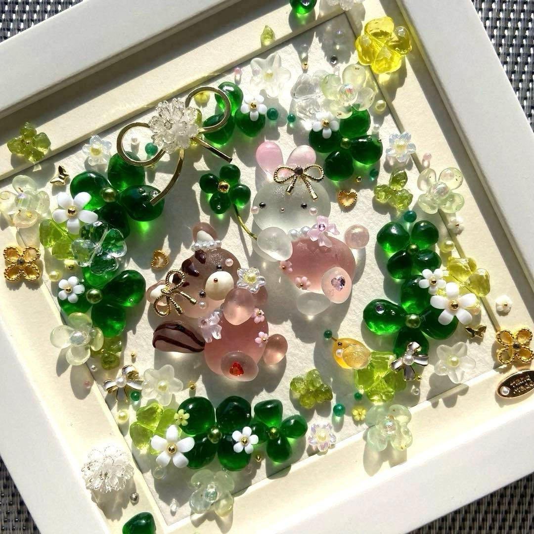 ♡四つ葉のクローバーいっぱいのリース♡リス＆うさぎ シーグラスアート