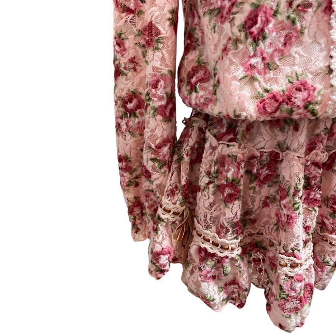 Y2K LIZLISA オフショル花柄レースワンピ リボン 姫ギャル 平成ギャル