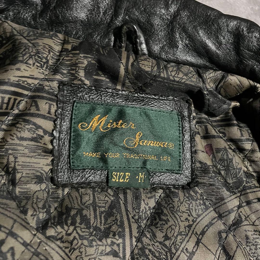 レザージャケット　ライダース　本革　ブラック　牛革　短丈　y2k 地図柄　90s