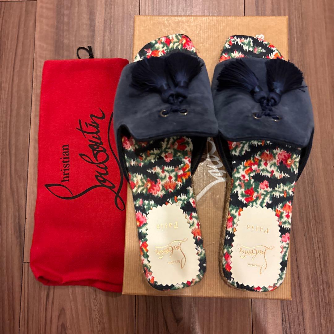 美品クリスチャンルブタン　エスパドリーユ　スライド　サンダル　タッセル　ベロア