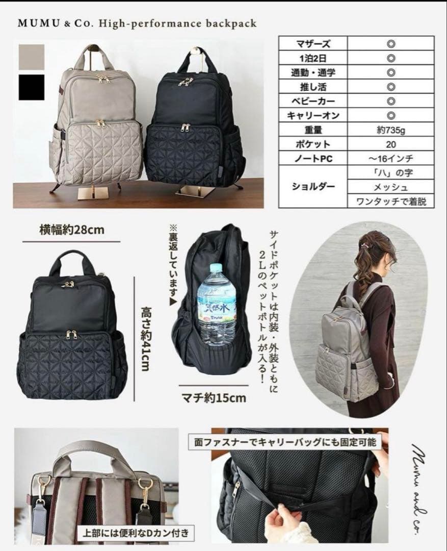 MUMU and Co. 高性能マザーズバッグ　リュック　しまむら　ブラック