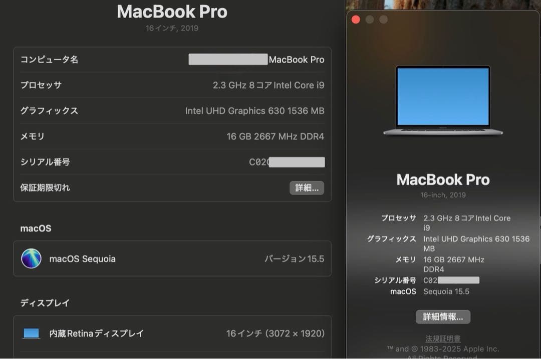 MacBook Pro 16インチ 2019 / i9 / 16GB /1TB