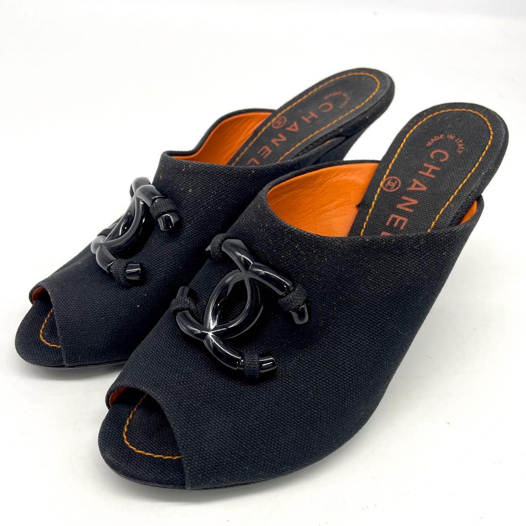 シャネル サンダル ミュール ココマーク キャンバス ブラック オレンジ 24㎝
