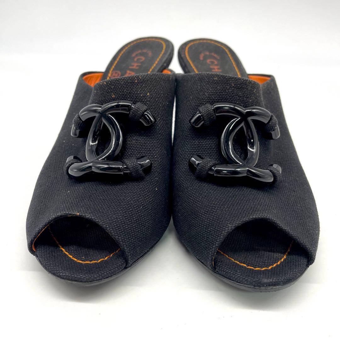 シャネル サンダル ミュール ココマーク キャンバス ブラック オレンジ 24㎝