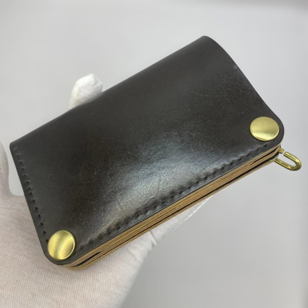 値下【無骨x上質 お札折らず収納】 丘染ブラック 手染ミドルトラッカーウォレット