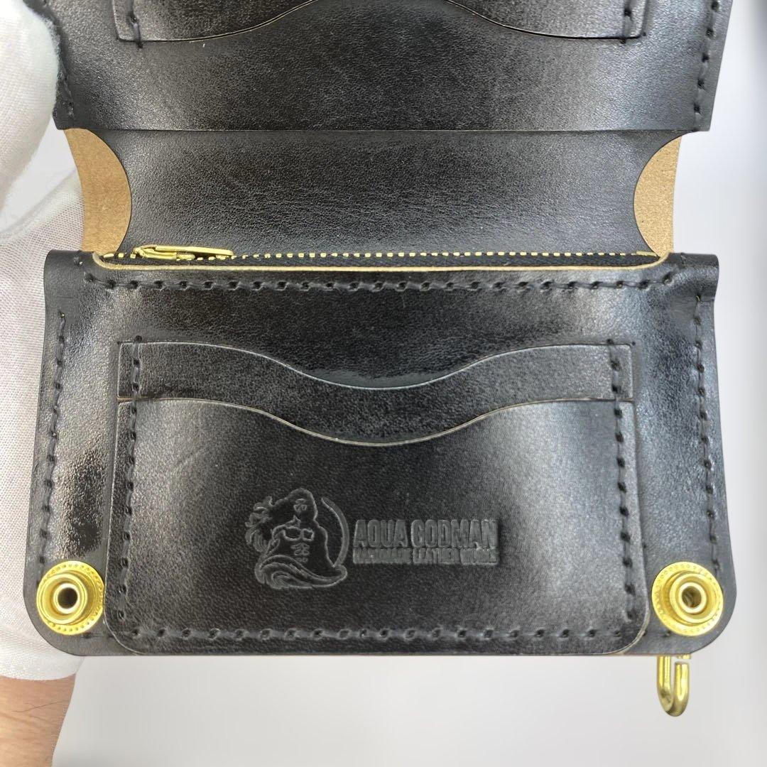 値下【無骨x上質 お札折らず収納】 丘染ブラック 手染ミドルトラッカーウォレット