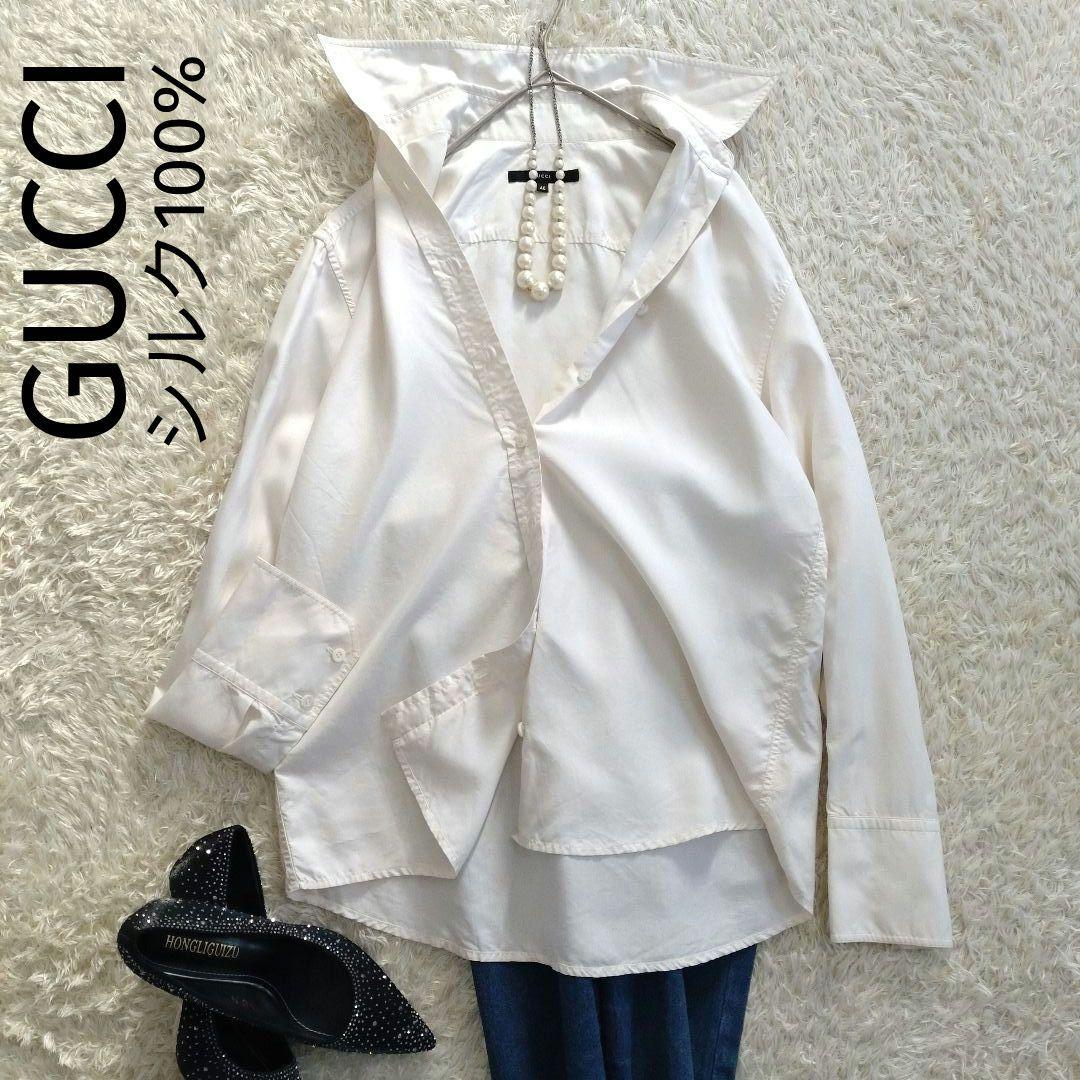 GUCCI　レギュラーカラーバックシェリーラインリボンテープシルクブラウス