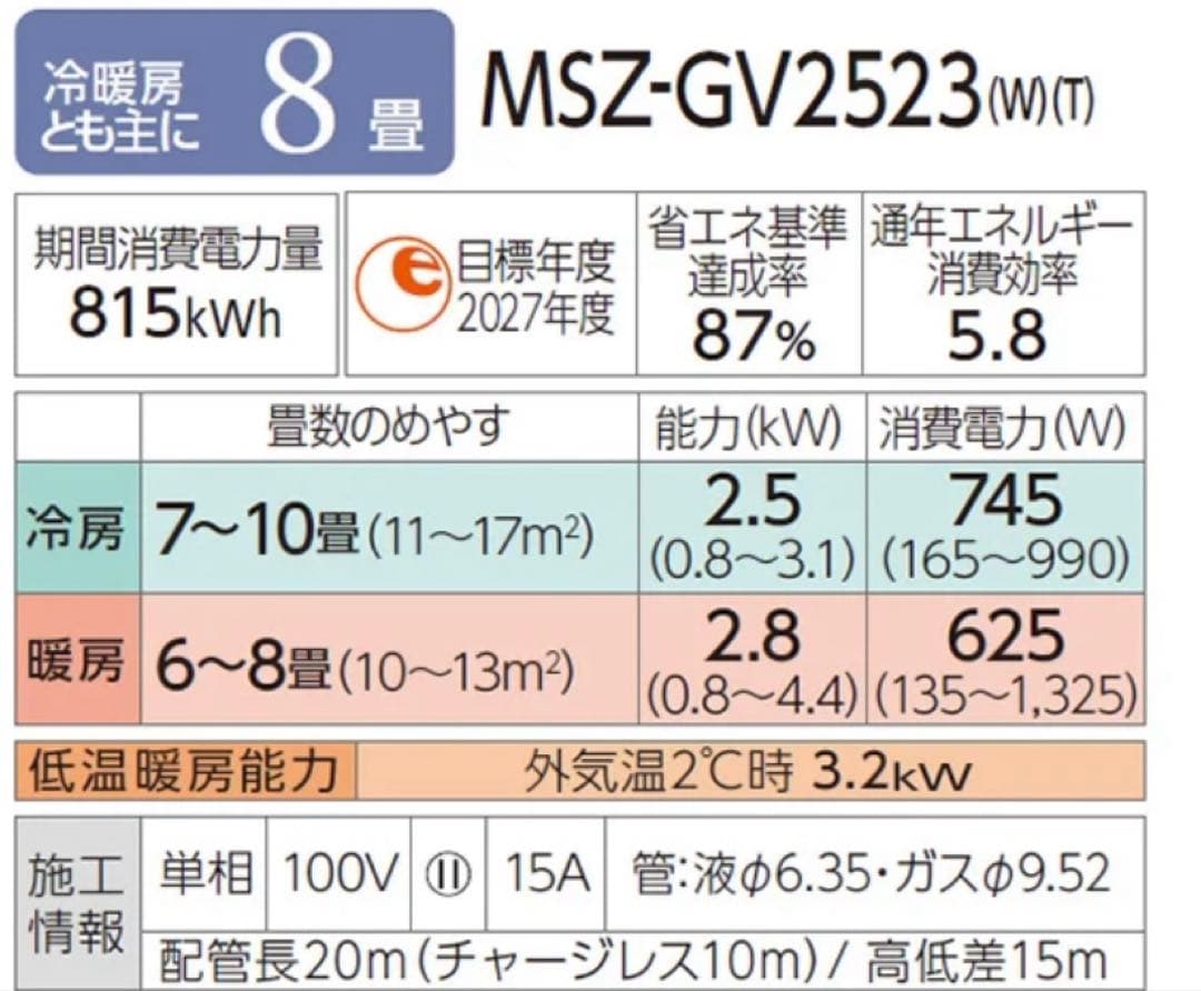 三菱電機 MSZ-GV2523-W-INエアコン本体➕室外機