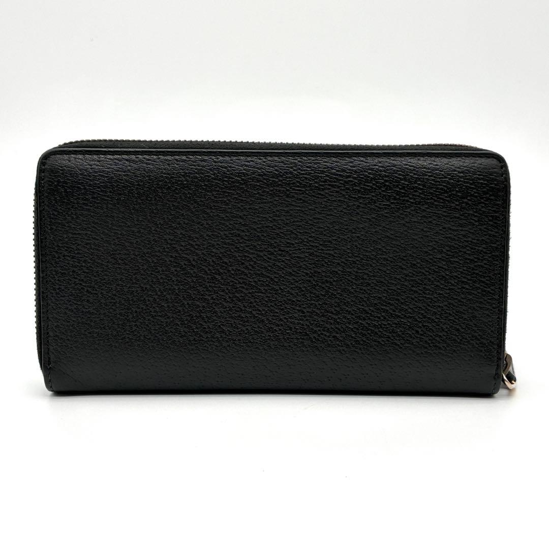 未使用に近い グッチ 長財布 シェリーライン ロゴ レザー ラウンドジップ 黒