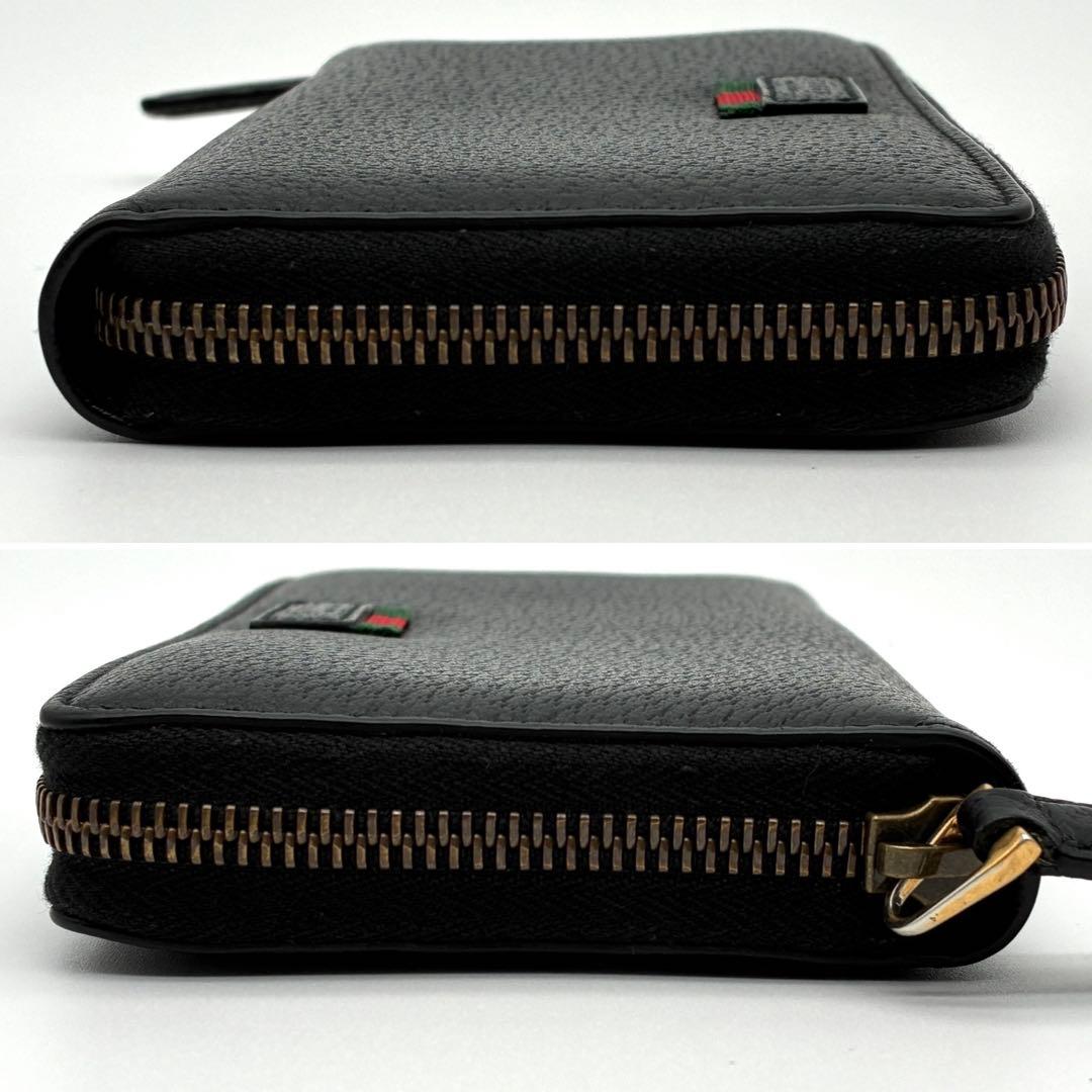 未使用に近い グッチ 長財布 シェリーライン ロゴ レザー ラウンドジップ 黒
