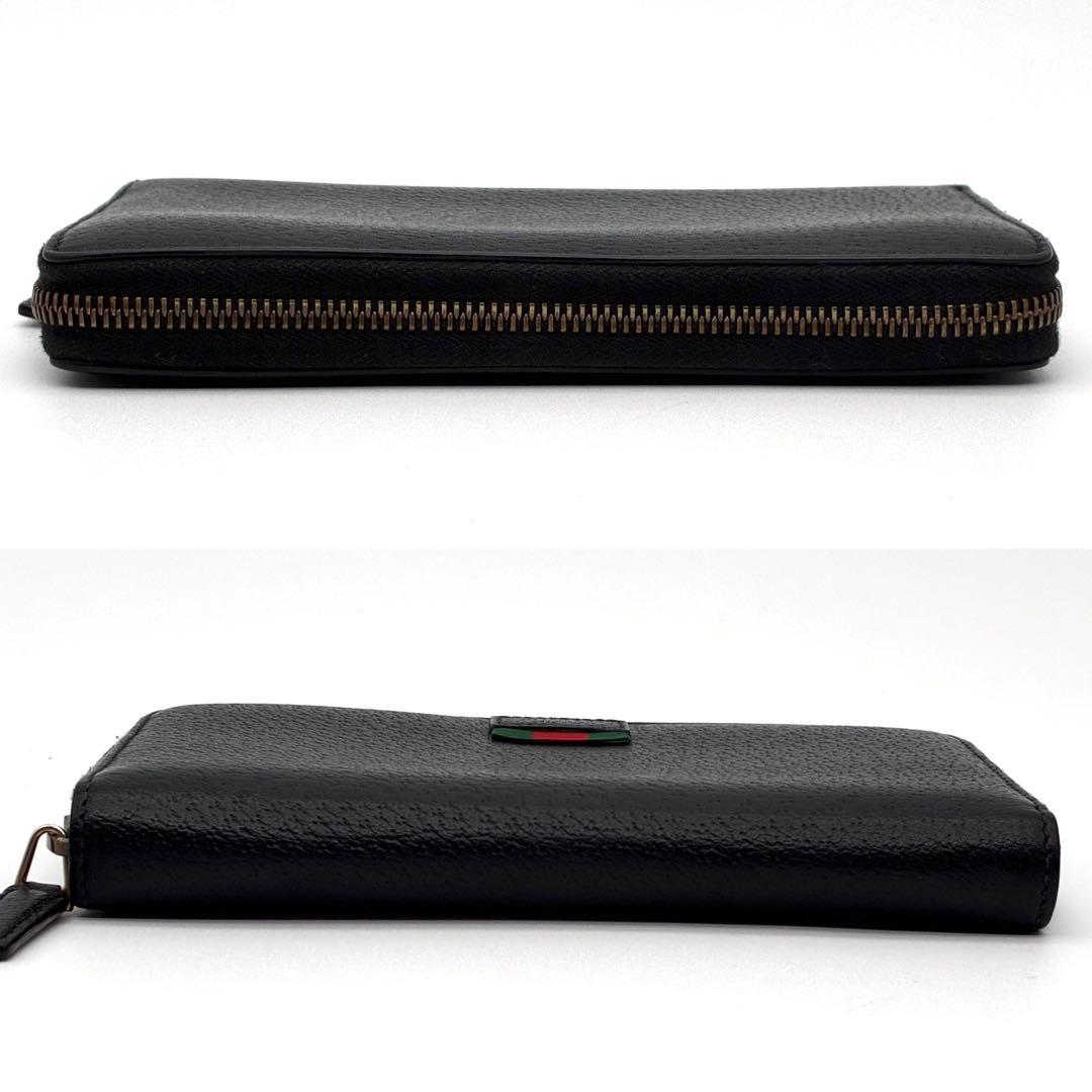 未使用に近い グッチ 長財布 シェリーライン ロゴ レザー ラウンドジップ 黒