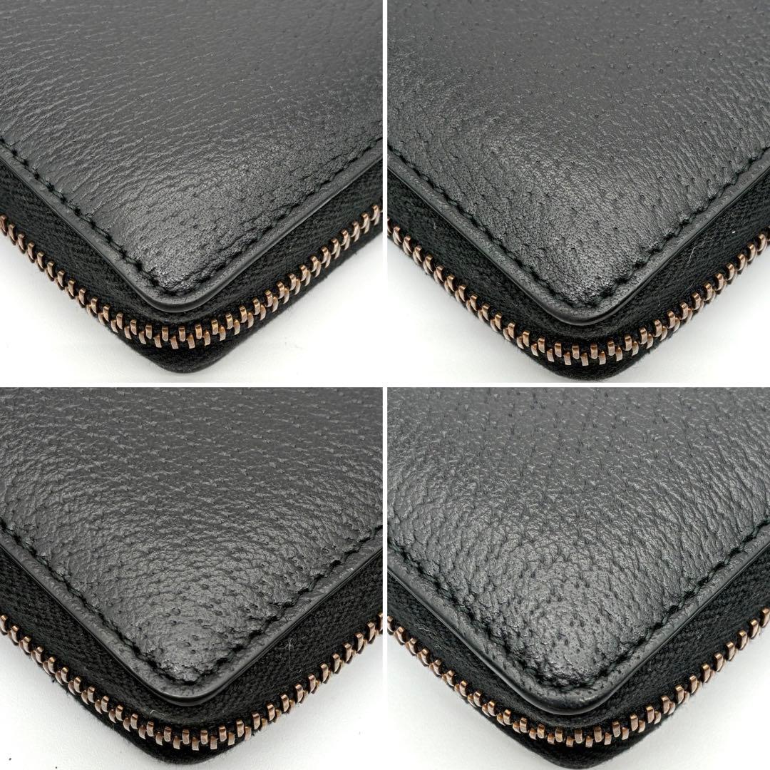未使用に近い グッチ 長財布 シェリーライン ロゴ レザー ラウンドジップ 黒